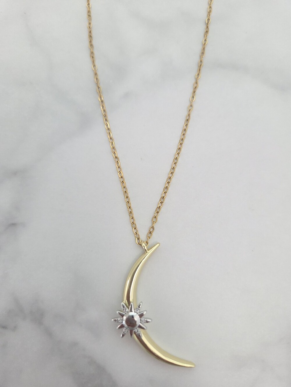 Gold Crescent Moon Sunburst Celestial Pendant Necklace - Picture 7 of 16